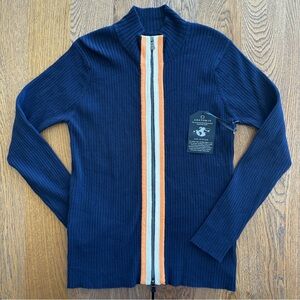 NWT Anatomie Charlize Navy Zip-Up Ribbed Travel Sweater Orange Cream Stripe